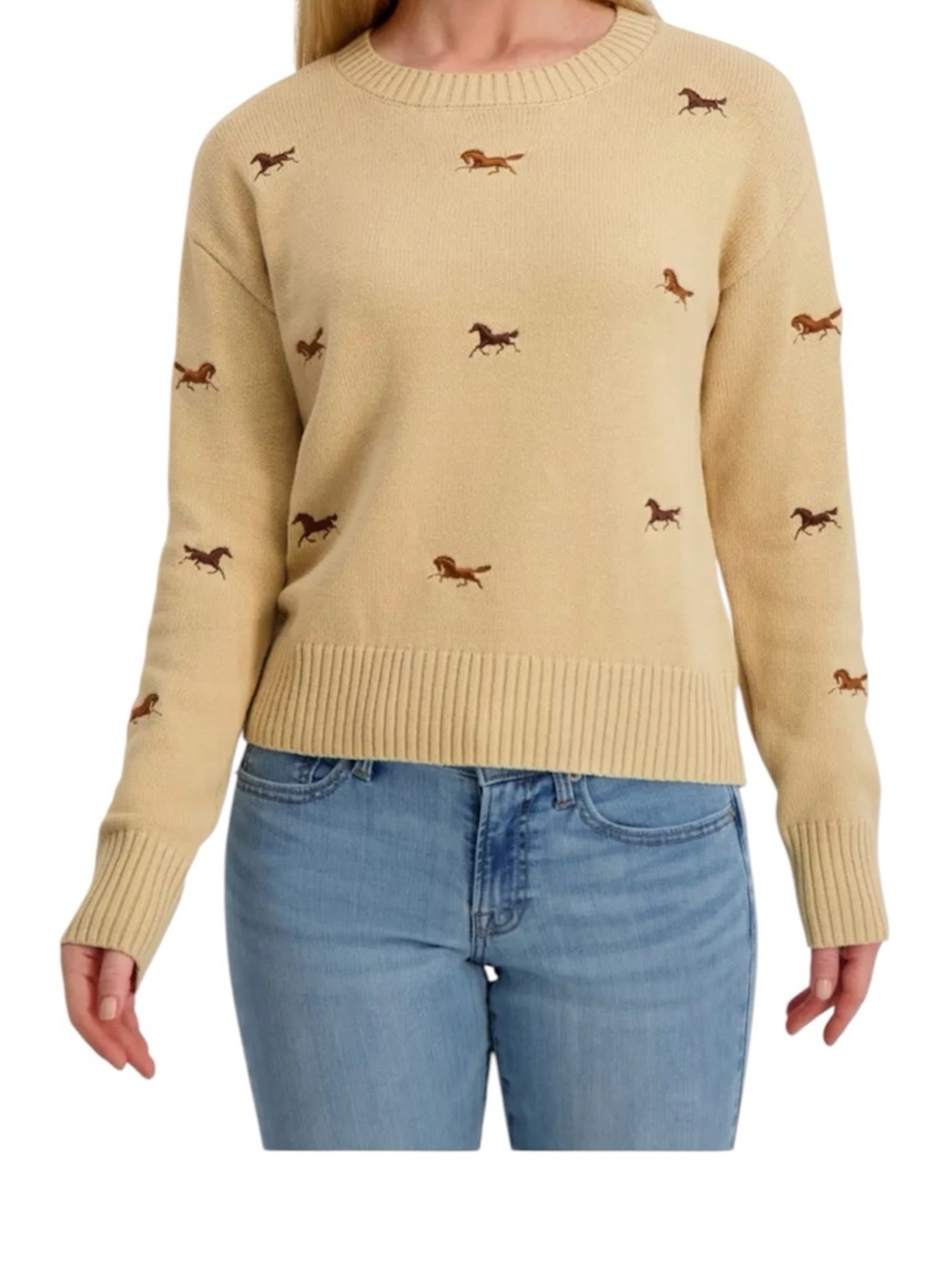 Lucky Brand Cream Horse-Embroidered Crewneck Sweater
